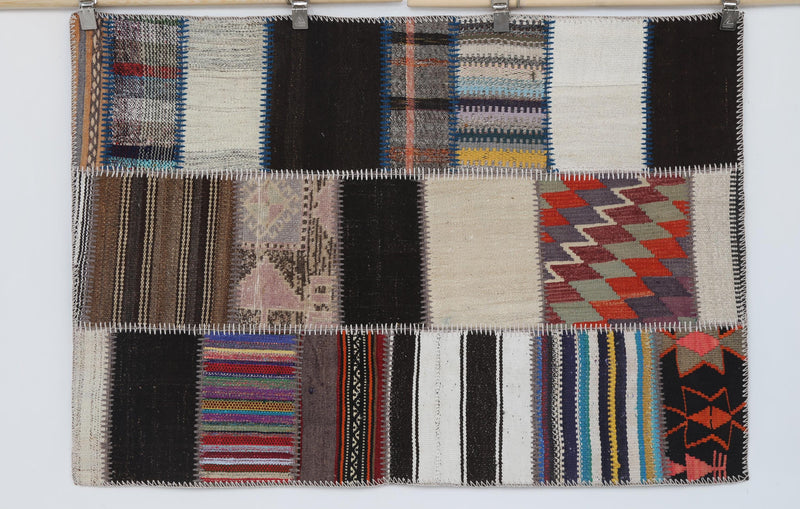 3x5 Vintage Turkish Tapestry Rug, Wool Cotton Patchwork Wall Hanging, Hand Stitched Textile Wall Art, Woven Fiber Decor
