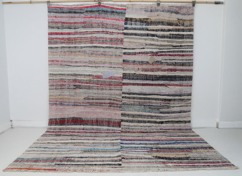 7x9 Vintage Turkish Kilim Rug, Multicolor Striped Wool Cotton Flatweave, Large Vintage Area Rug