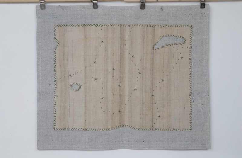 3x4 Vintage Turkish Tapestry Rug, Wool Textile Wall Hanging, Hand Stitched Fiber Art, Minimal Woven Wall Decor