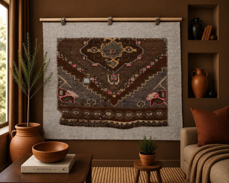 3x4 Vintage Turkish Tapestry Rug, Wool Wall Hanging, Geometric Textile Wall Art, Hand Stitched Vintage Rug Decor