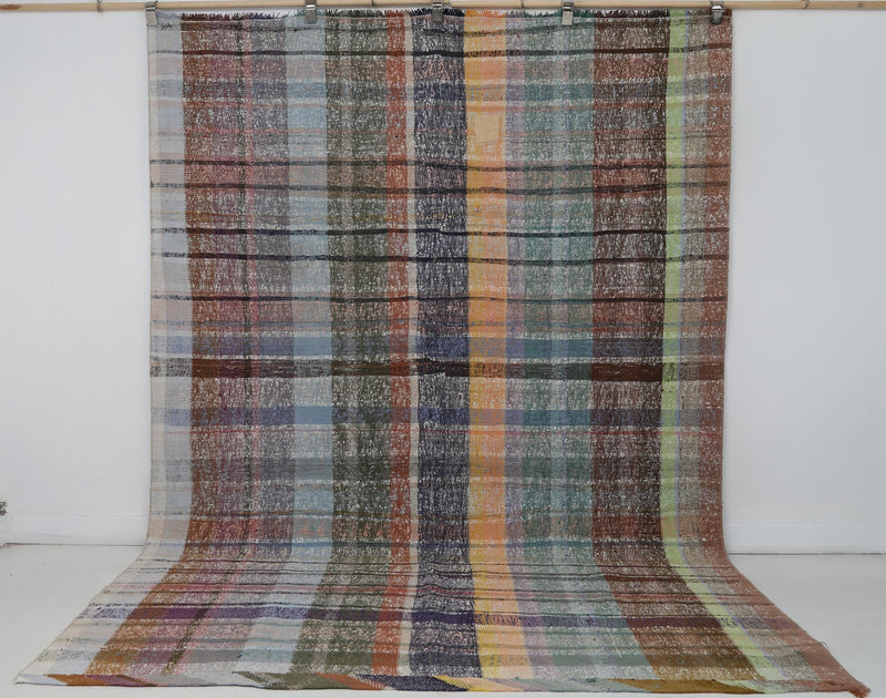 6x9 Vintage Turkish Kilim Rug, Multicolor Plaid Wool Cotton Flatweave, Large Vintage Area Rug
