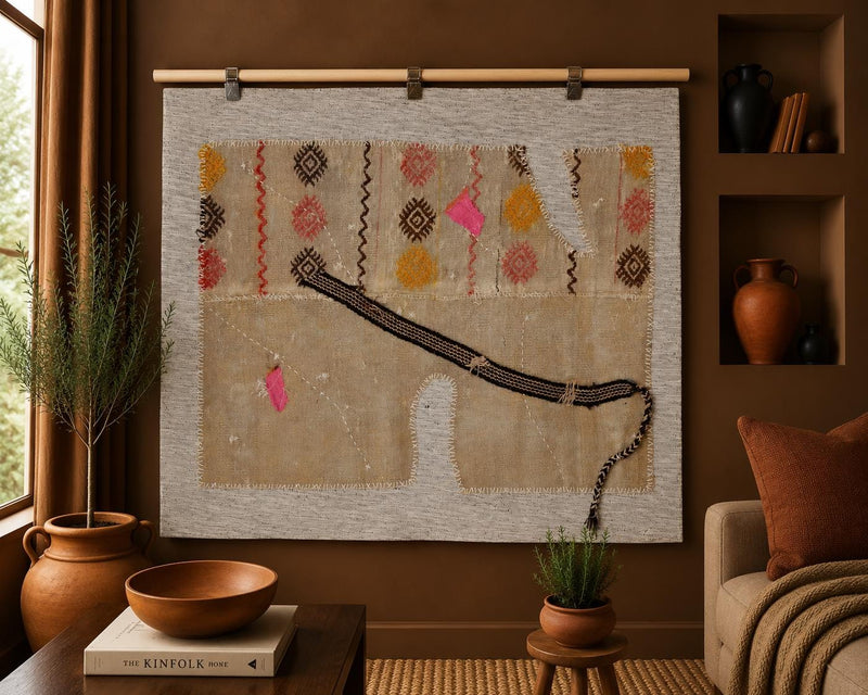 3x4 Vintage Turkish Wool Tapestry Rug, Beige Geometric Wall Hanging, Hand Stitched Textile Wall Art, Woven Fiber Decor