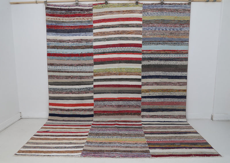 7x9 Vintage Turkish Kilim Rug, Multicolor Striped Kilim Caput, Handwoven Wool Cotton Rug, Rustic Flatweave Area Rug