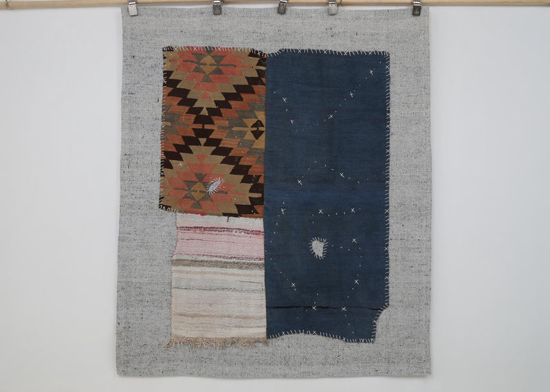 4x5 Vintage Turkish Tapestry Rug, Hemp Wool Patchwork Wall Hanging, Hand Stitched Textile Wall Art, Woven Fiber Decor