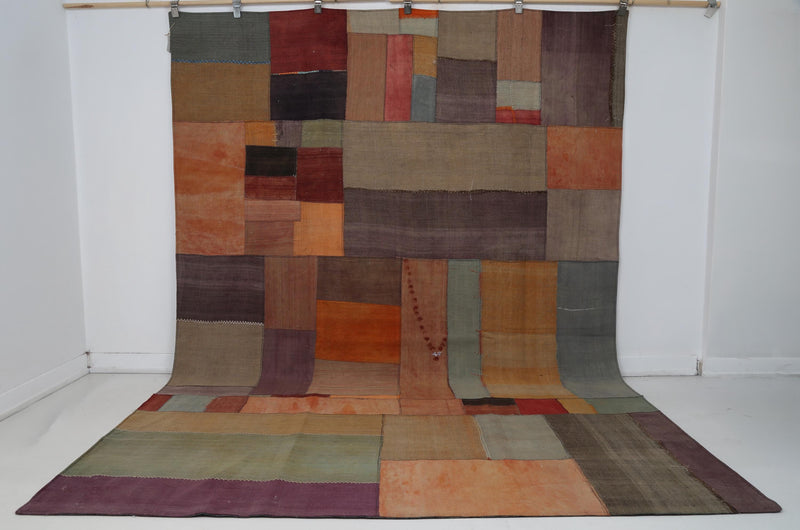 7x10 Vintage Turkish Patchwork Kilim Rug, Multicolor Wool Cotton Flatweave, Large Handmade Area Rug