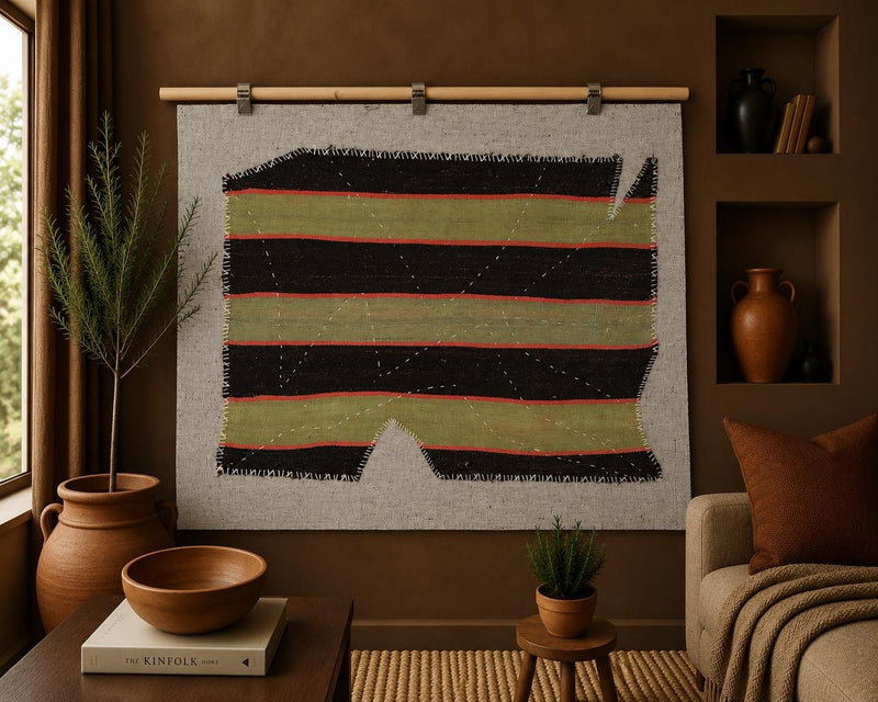 3x4 Vintage Turkish Tapestry Rug, Striped Wool Wall Hanging, Hand Stitched Textile Wall Art, Woven Fiber Decor