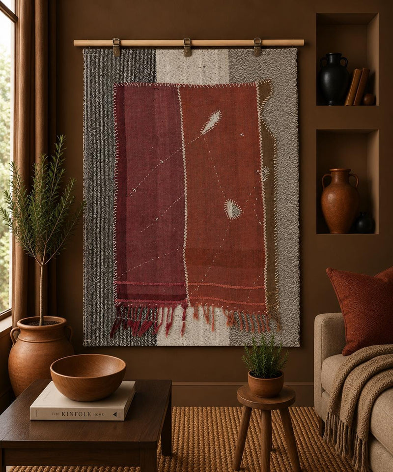 3x4 Vintage Turkish Tapestry Rug, Wool Wall Hanging, Hand Stitched Textile Wall Art, Fringed Woven Fiber Decor