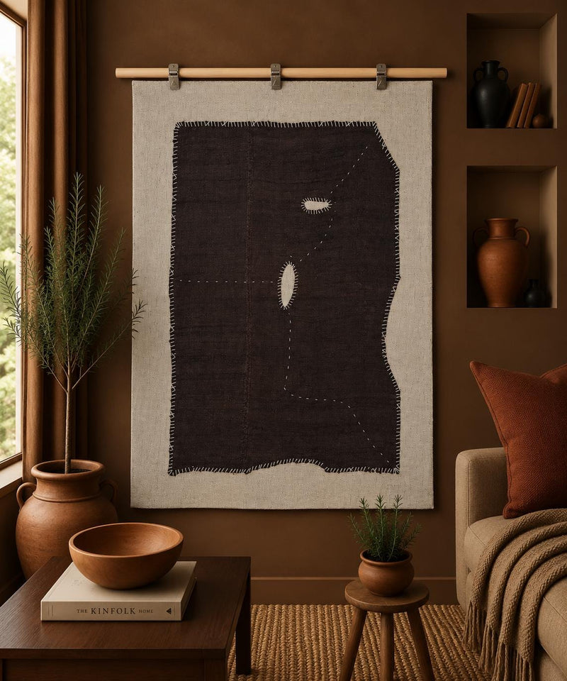 3x4 Vintage Turkish Tapestry Rug, Hemp Wool Wall Hanging, Minimal Textile Wall Art, Hand Stitched Woven Decor