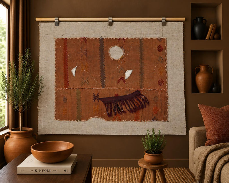 4x5 Vintage Turkish Hemp Tapestry Rug, Wool Wall Hanging, Rustic Textile Wall Art, Hand Stitched Woven Fiber Decor