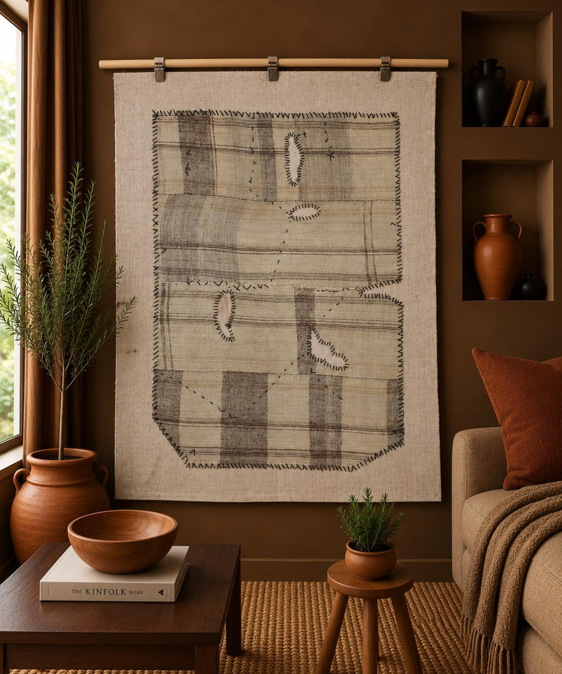 3x4 Vintage Turkish Tapestry Rug, Wool Wall Hanging, Minimal Textile Wall Art, Hand Stitched Woven Fiber Decor