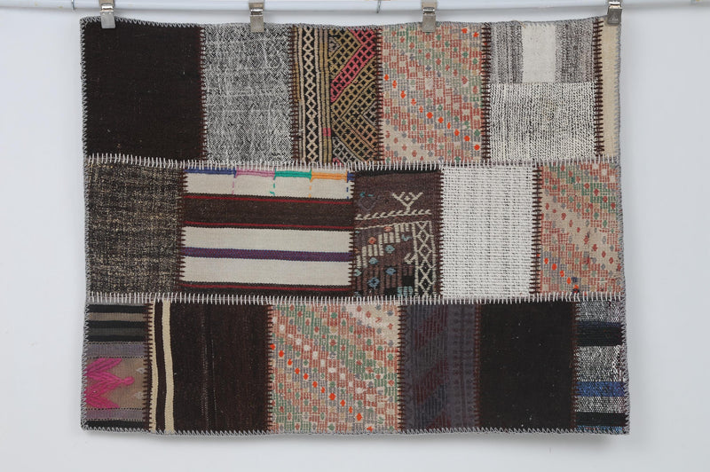 Vintage Turkish Kilim Tapestry Rug, Pink Teal Patchwork (3'3" x 4'4")