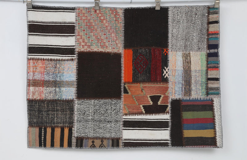 Vintage Turkish Kilim Tapestry Rug, Orange Black Panels (3'3" x 4'4")